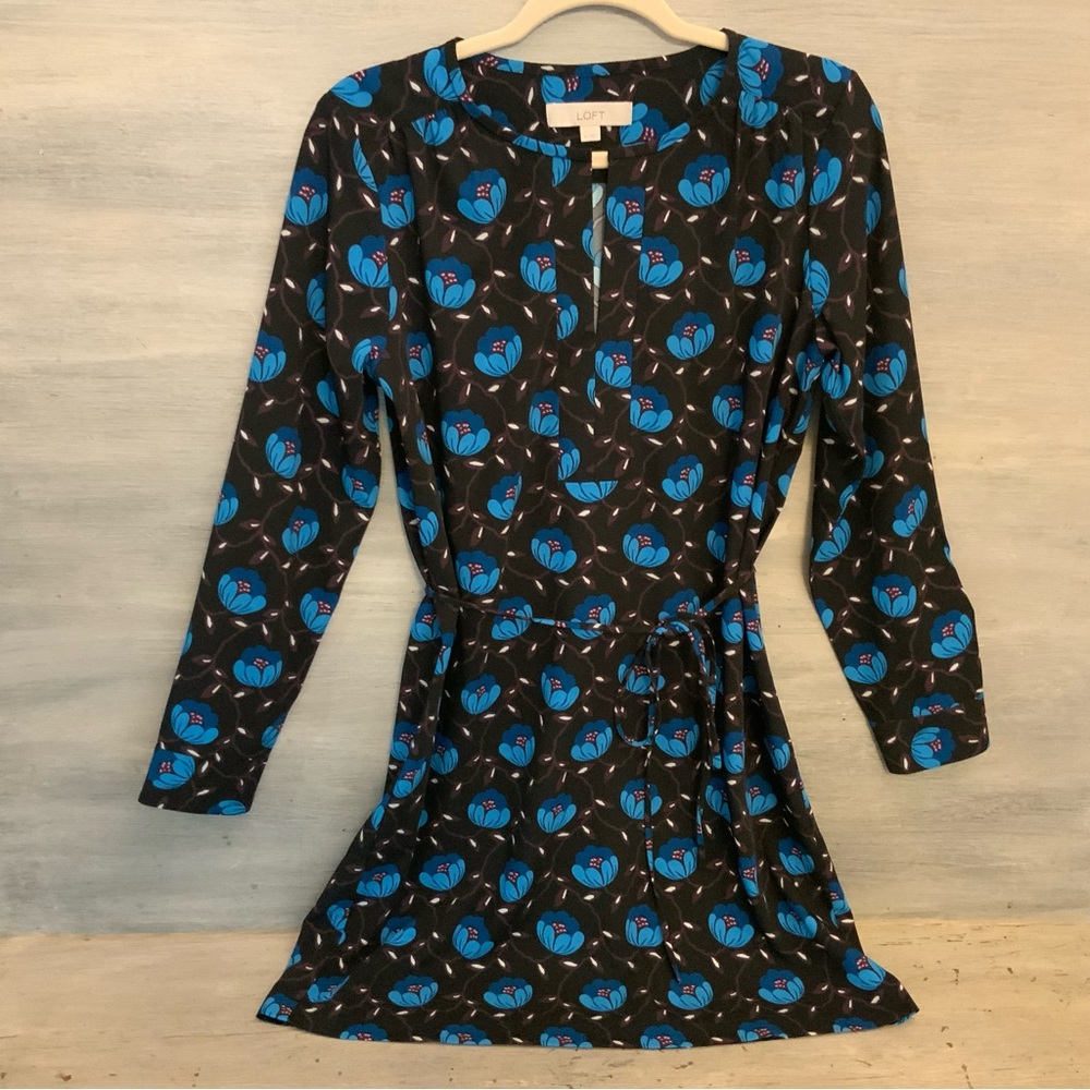 LOFT Black Blue Floral Print Shirt Dress Medium Band‎ Collar Like New